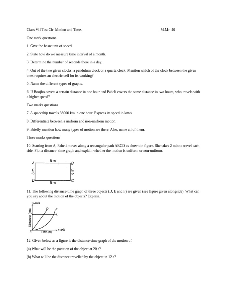 Class VII Motion and Time Test Questions | PDF | Speed | Clock