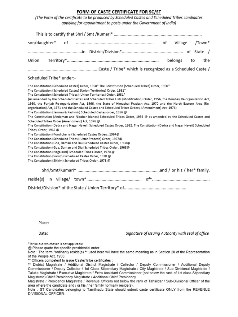 Caste Certificate Form for SC/ST Candidates | PDF | Politics Of India ...