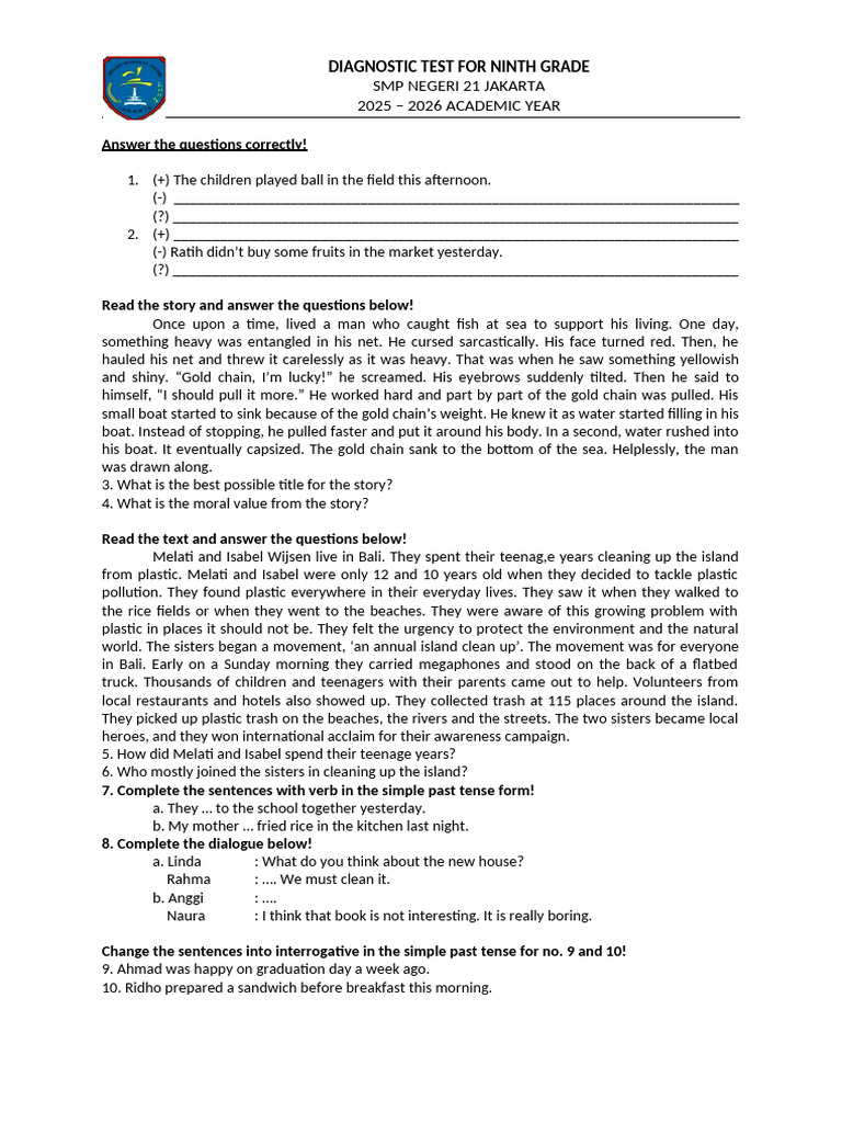 Ninth Grade Diagnostic Test 2025-2026 | PDF