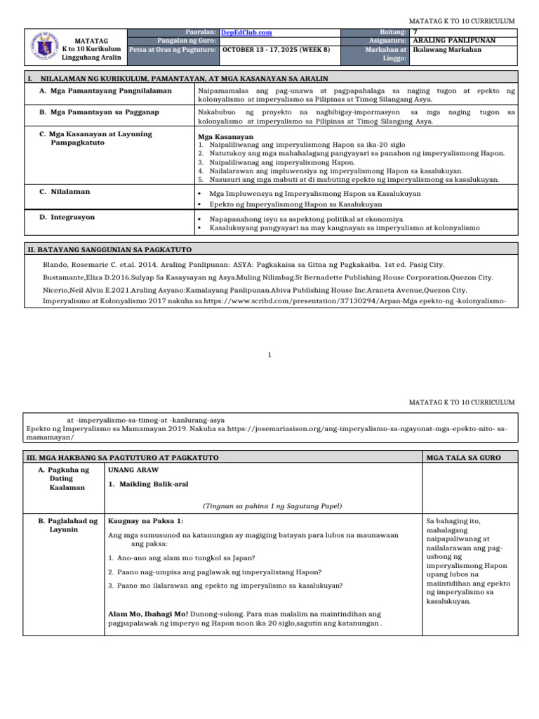 DLL Matatag - Araling Panlipunan 7 Q2 W8 | PDF