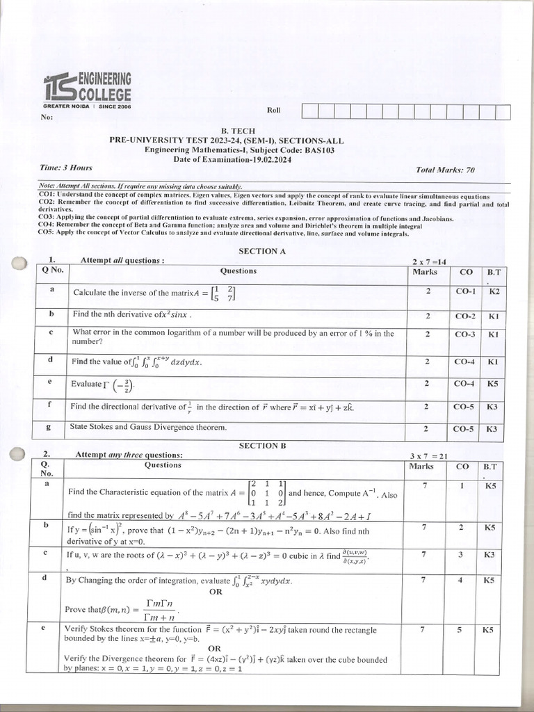 BAS-103 PUT Sem-I 2023-24 | PDF