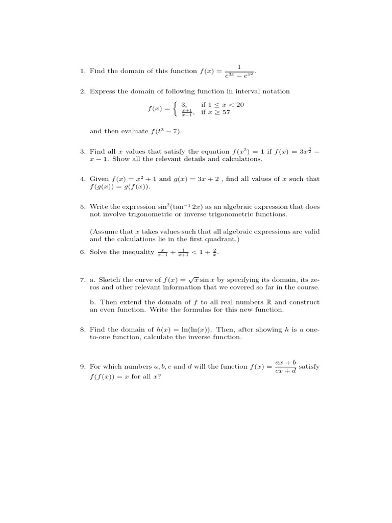 Domain and Function Analysis Exercises | PDF