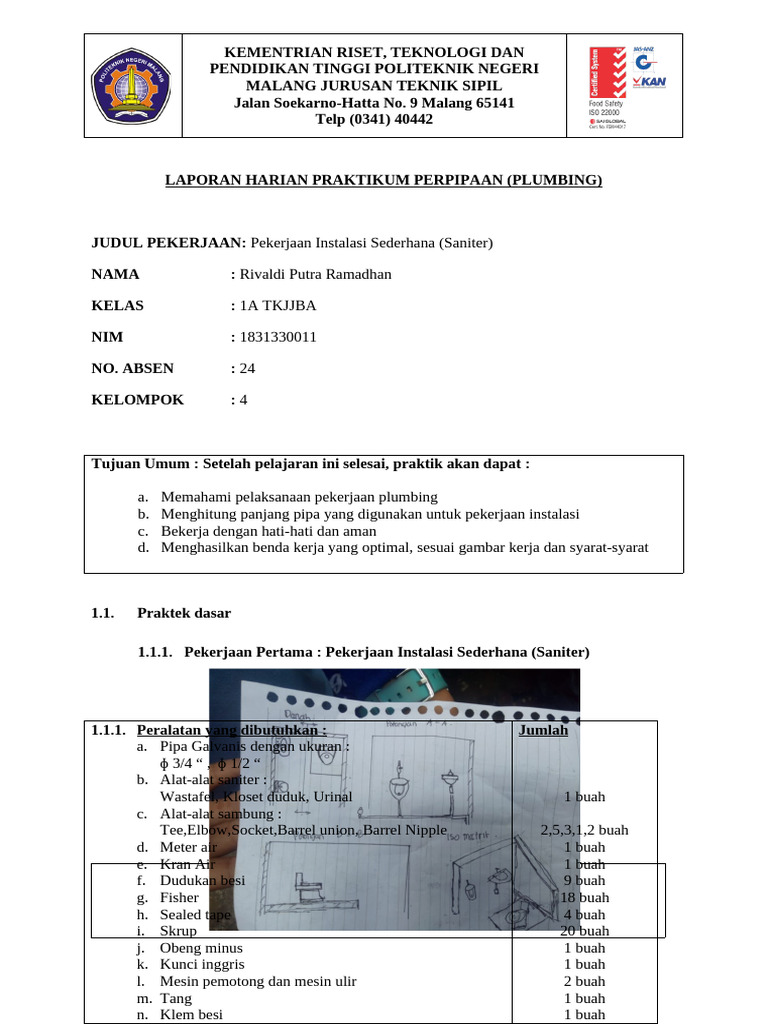 Praktikum Instalasi Plumbing Saniter | PDF