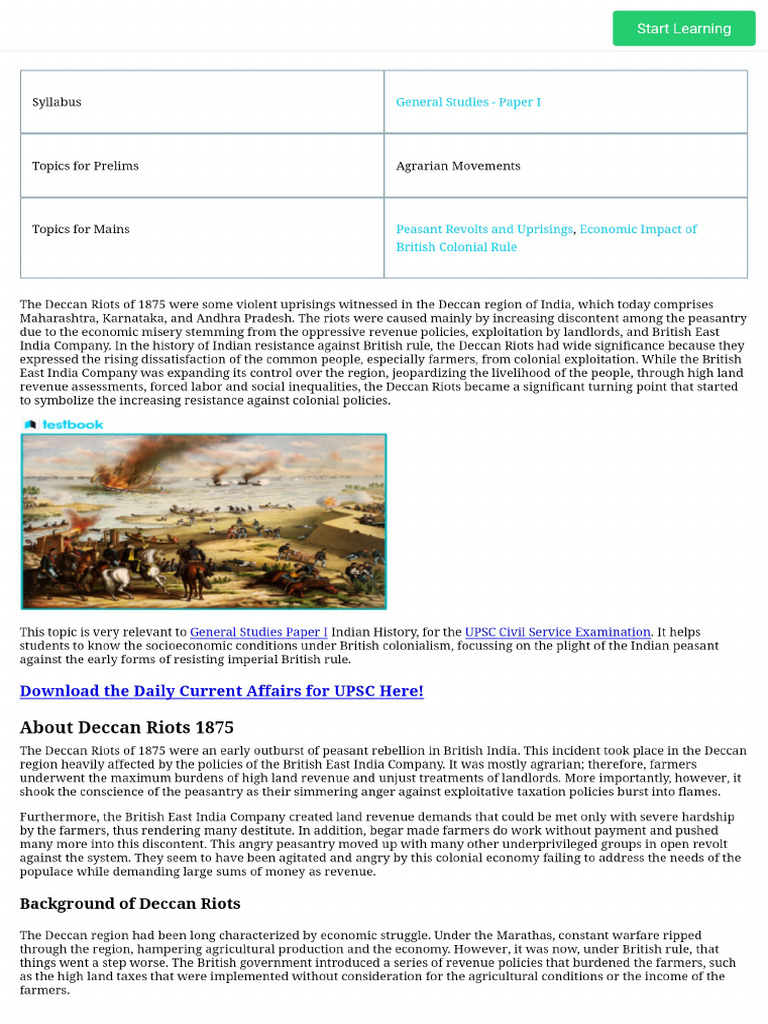 Deccan Riots 1875 - History, Causes, Outcomes & More - UPSC Notes | PDF