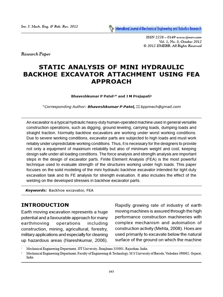 FEA of Mini Hydraulic Backhoe Excavator | PDF | Finite Element Method ...