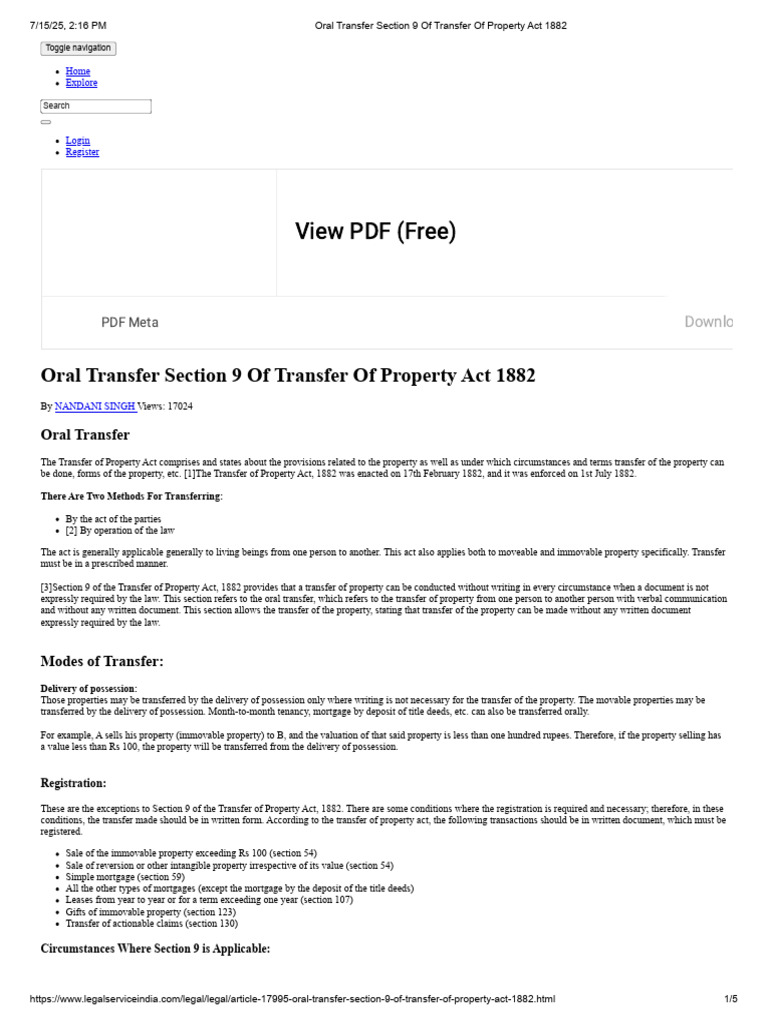 Oral Transfer Under Section 9, 1882 Act | PDF | Property | Mortgage Law