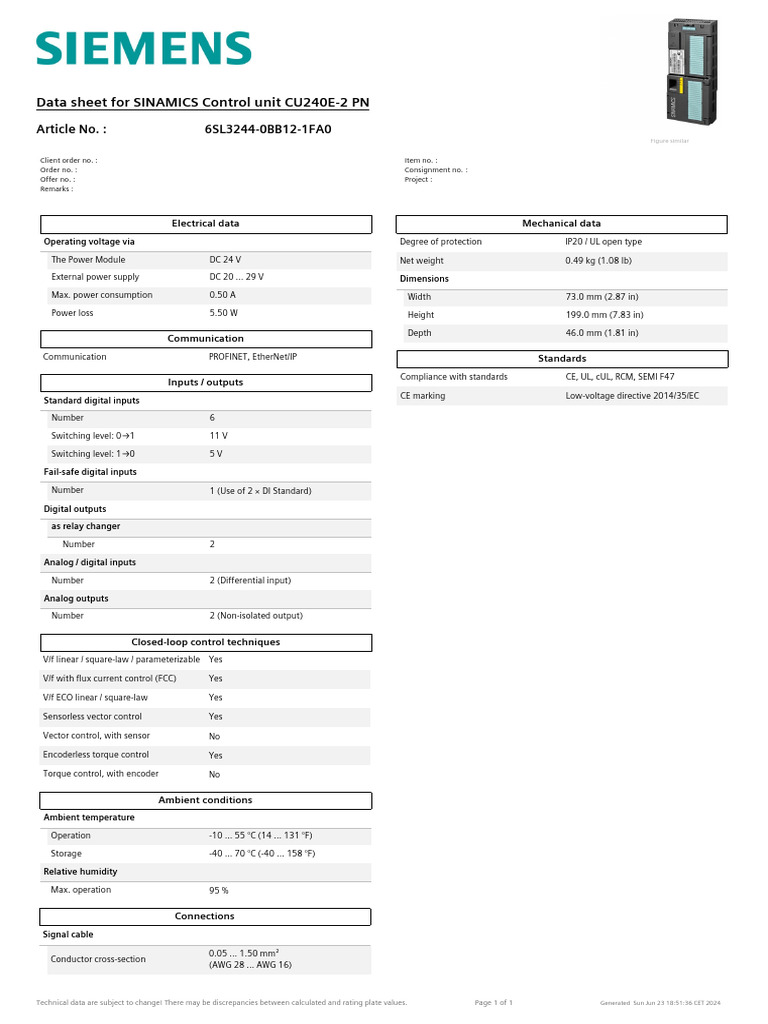 SINAMICS CU240E-2 PN Datasheet | PDF | Power Supply | Electrical ...