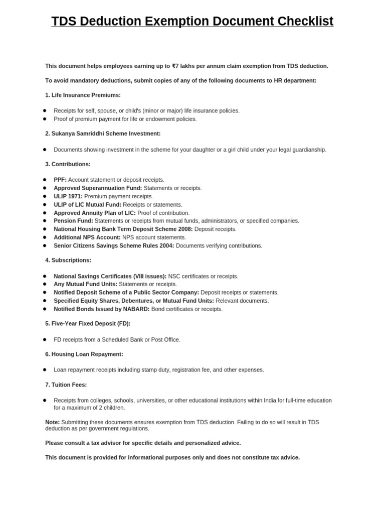 TDS Deduction Exemption Document Checklist | PDF