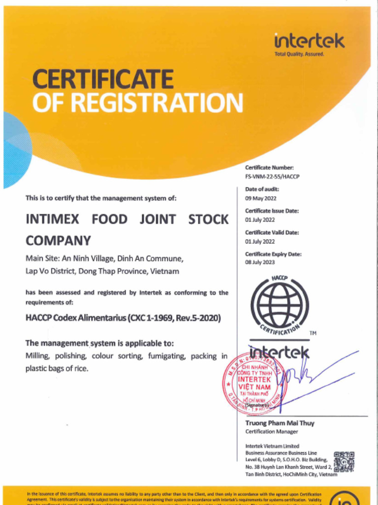 Scan - HACCP Certificate Intimex Food | PDF