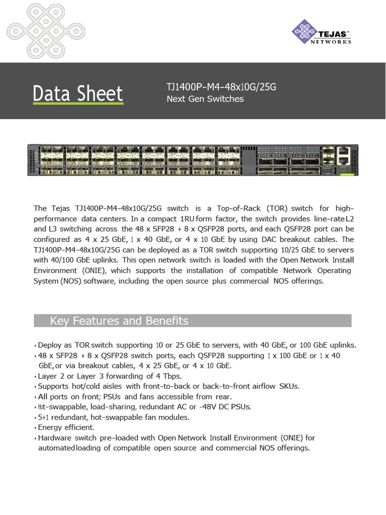 Tejas Brochure Tj1400p m4 Next Gen Switches | PDF | Network Switch | Usb