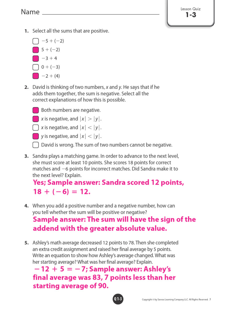 1-3 - Lesson Quiz - Answer Key 2 | PDF