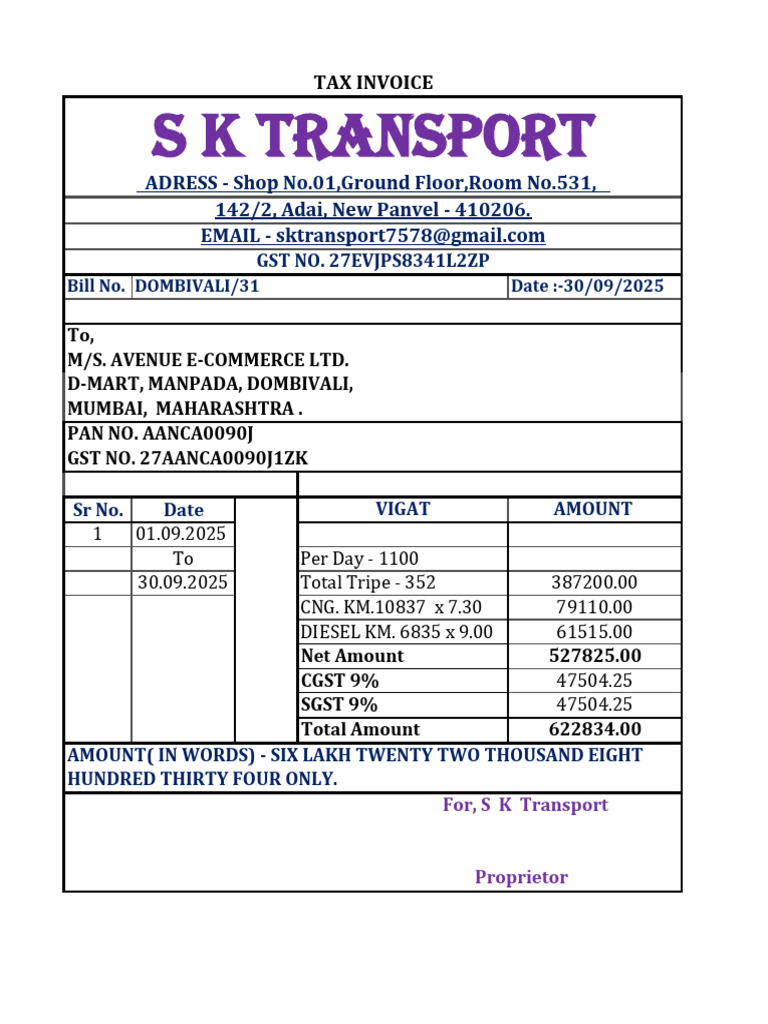Tax Invoice for S K Transport Services | PDF