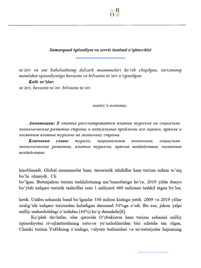 Turizmning Mamlakat Ijtimoiy Iqtisodiy Rivojlanishidagi Ahamiyati | PDF
