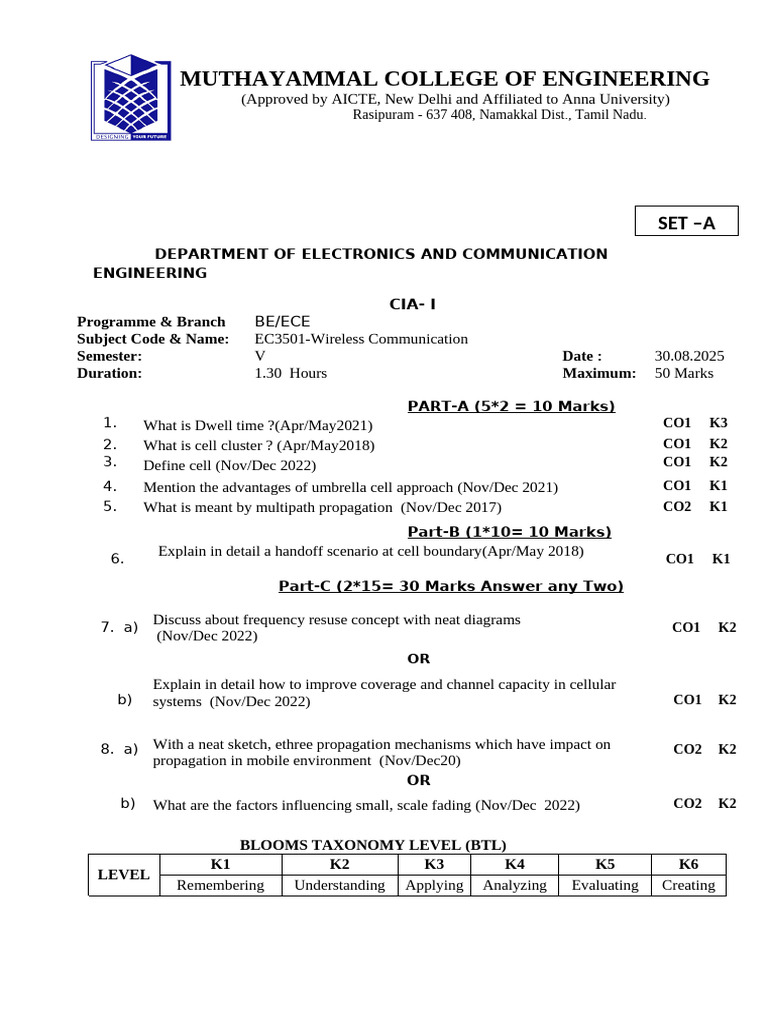 Wireless Communication Exam Questions | PDF | Channel Access Method ...