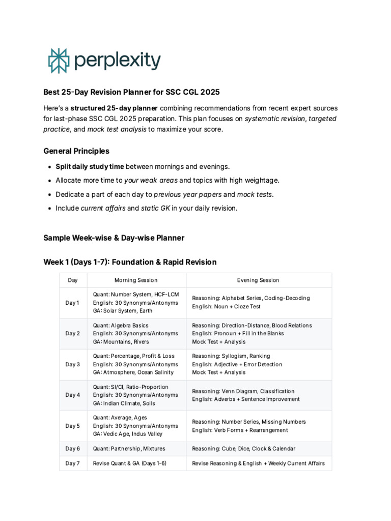 Best 25-Day Revision Planner For SSC CGL 2025 | PDF | English Language ...