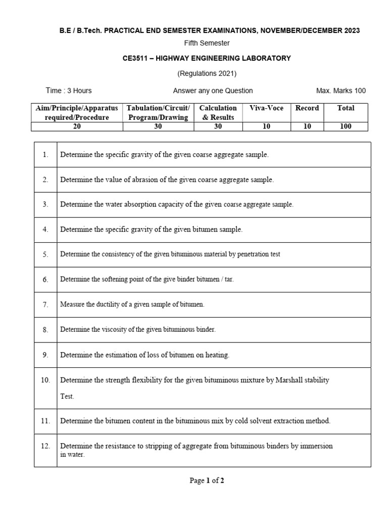 Highway Engineering Lab Exam Guide | PDF