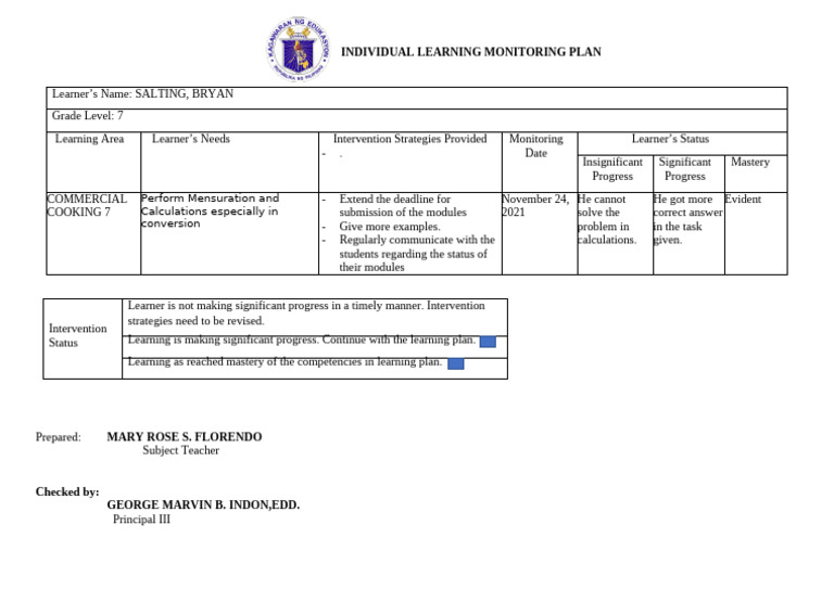 Individual Learning Monitoring Plan | PDF