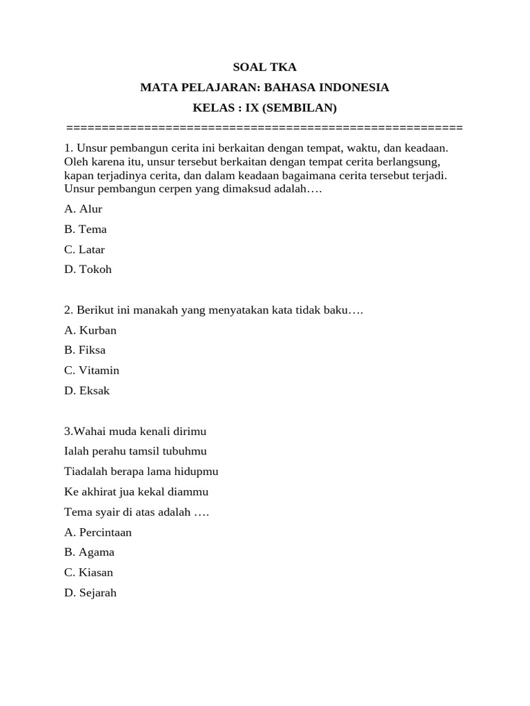 Soal TKA Bahasa Indonesia Kelas 9 | PDF