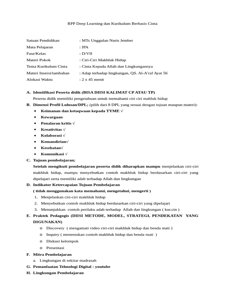 RPP Deep Learning: Ciri Makhluk Hidup | PDF