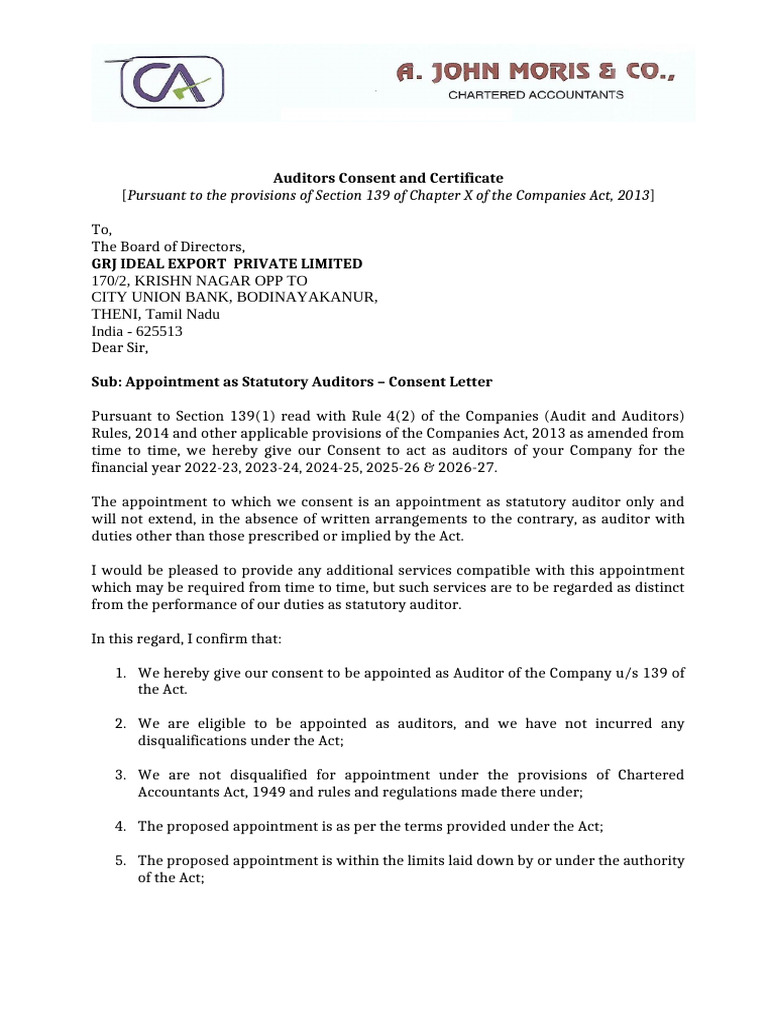 Auditor Consent Letter for GRJ Ideal Export | PDF