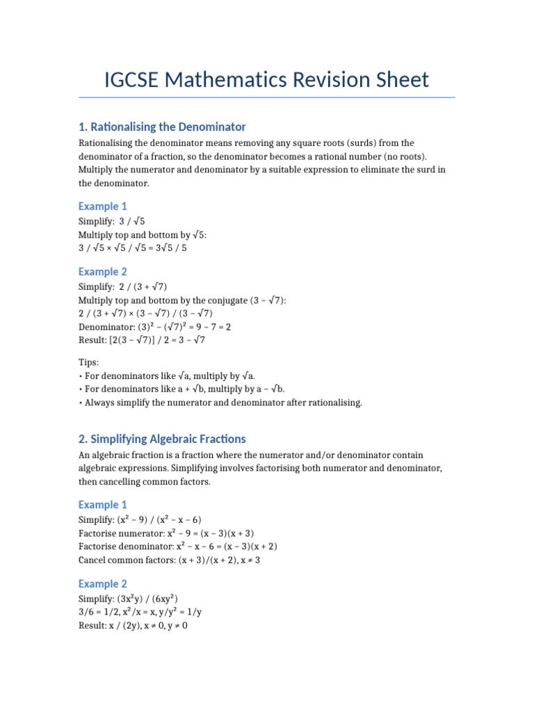 IGCSE Math: Rationalizing & Simplifying | PDF