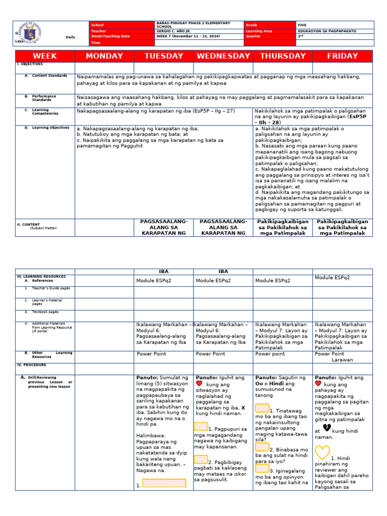 DLL Q2W7 EsP GRADE 5 | PDF