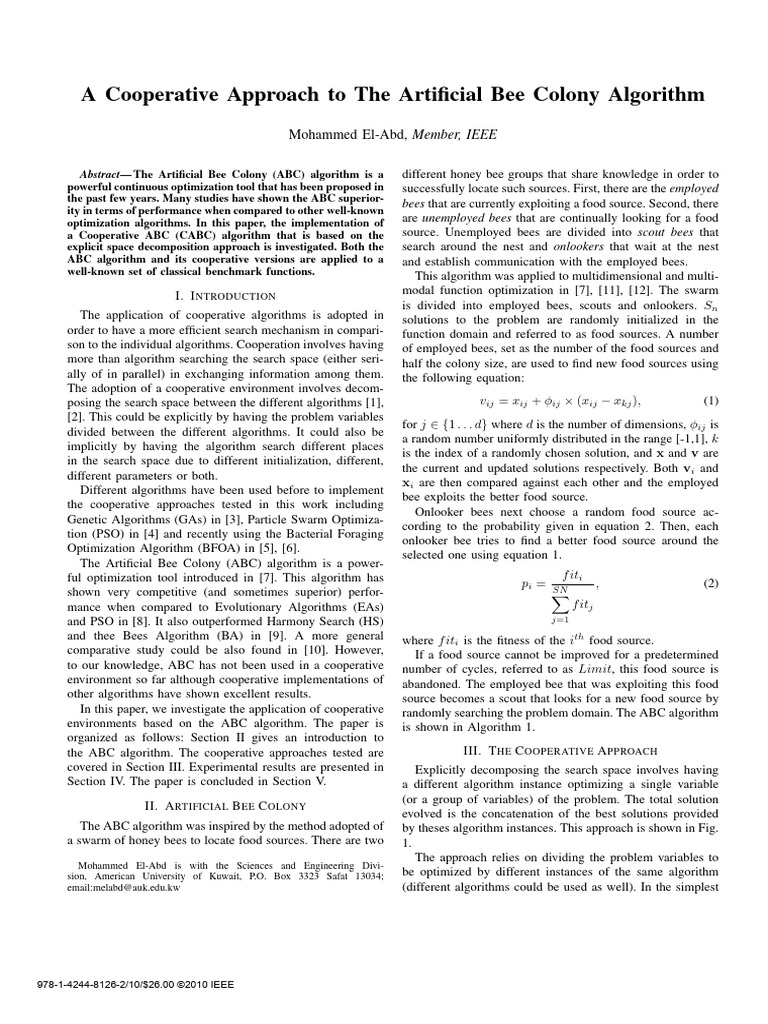 A Cooperative Approach To The Artificial Bee Colony Algorithm | PDF ...