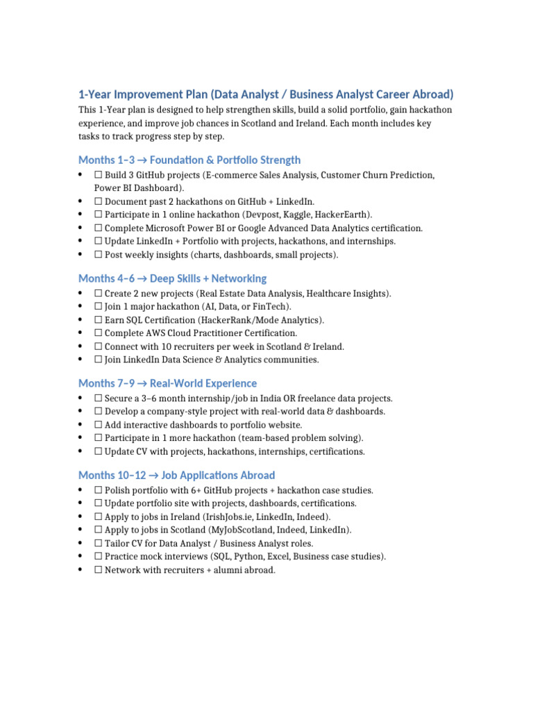 1-Year Career Plan for Data Analysts Abroad | PDF
