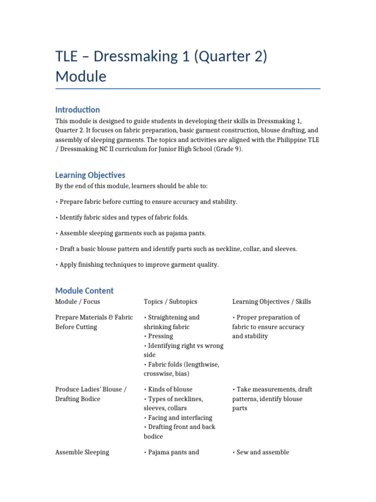 TLE Dressmaking1 Quarter2 Module | PDF | Seam (Sewing) | Blouse