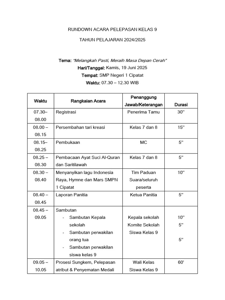 Rundown Acara Pelepasan Kelas 9 2025 | PDF