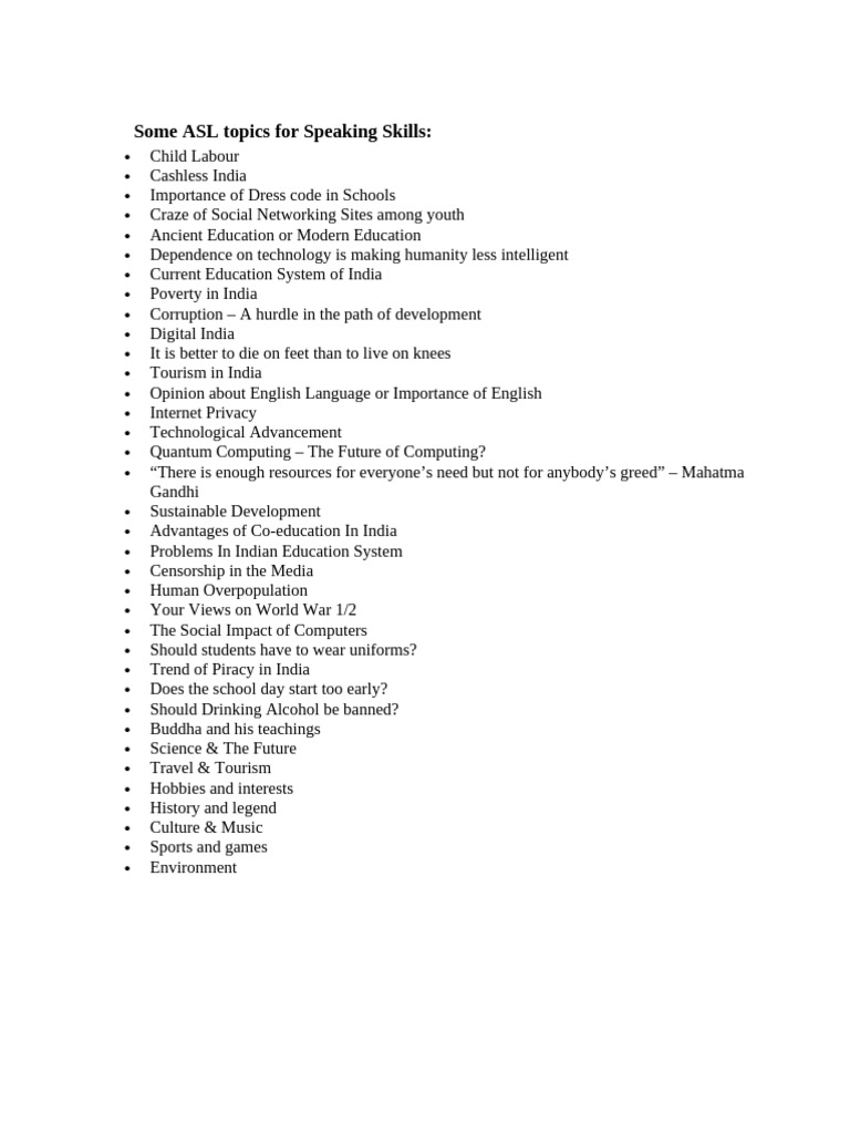 ASL Topics for Speaking Skills | PDF