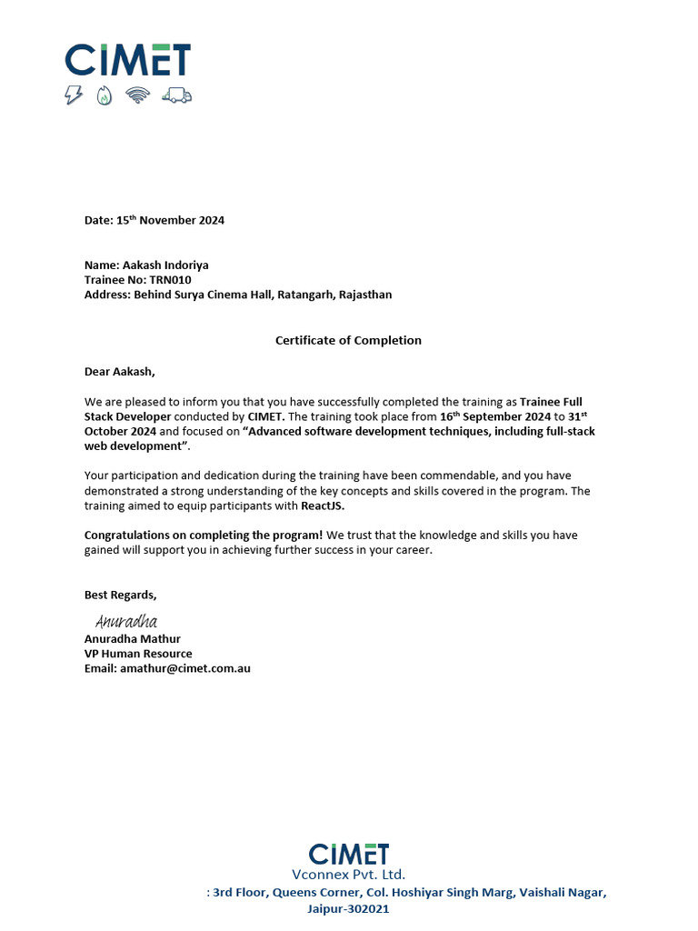 Certificate of Completion for Full Stack Developer Training | PDF