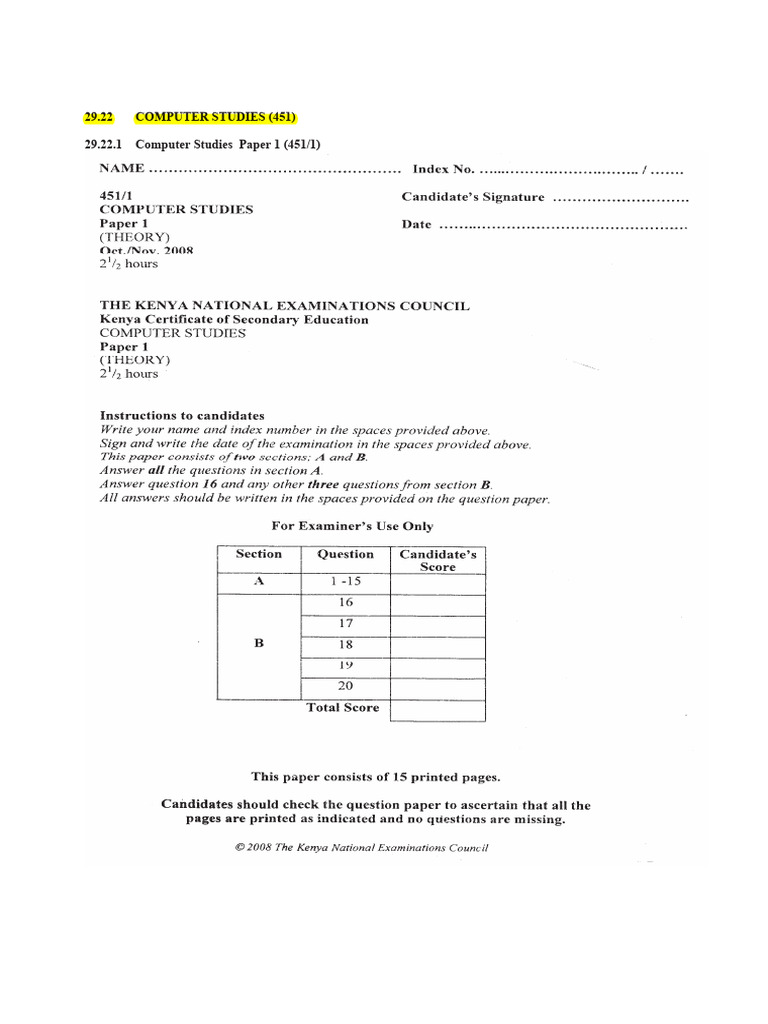 2008 Kcse Computer Pp1 Question | PDF