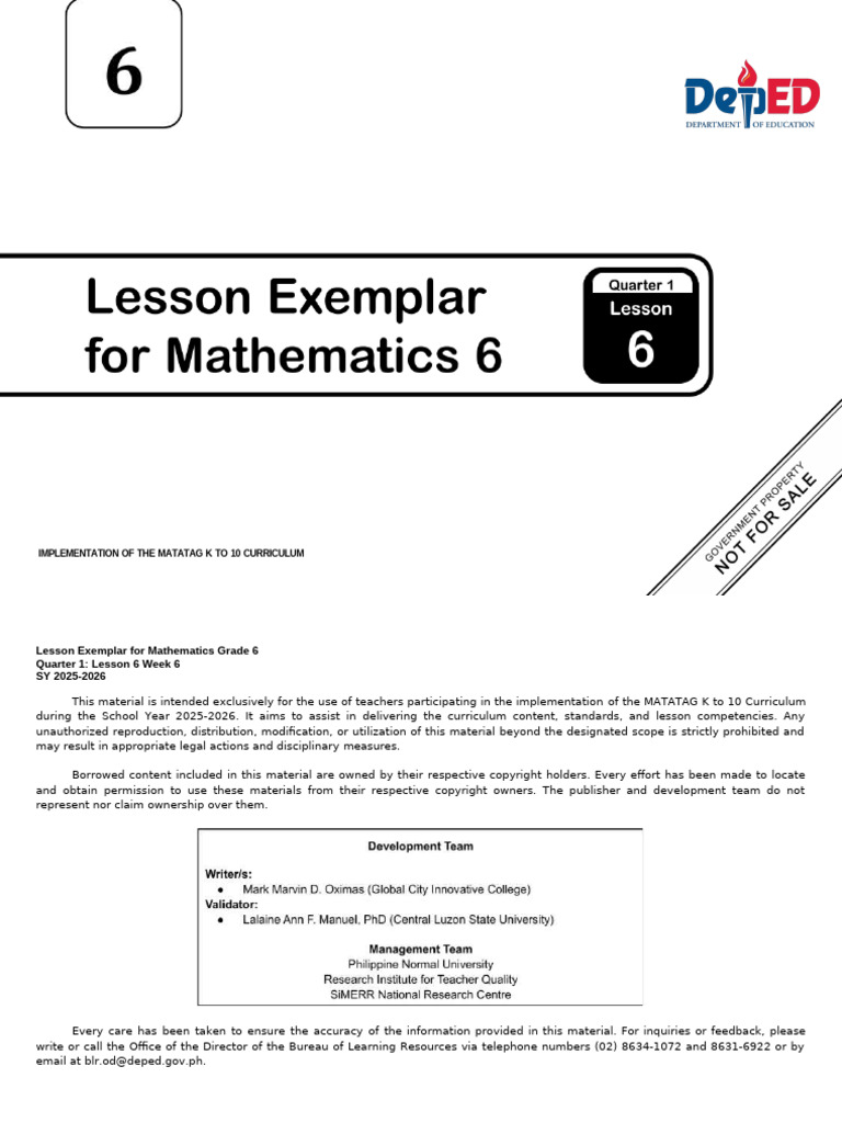 Q1 - LE - Mathematics 6 Lesson 6 Week 6 | PDF | Learning
