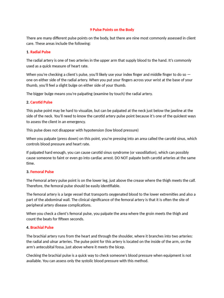 9 Key Pulse Points for Assessment | PDF | Pulse | Circulatory System