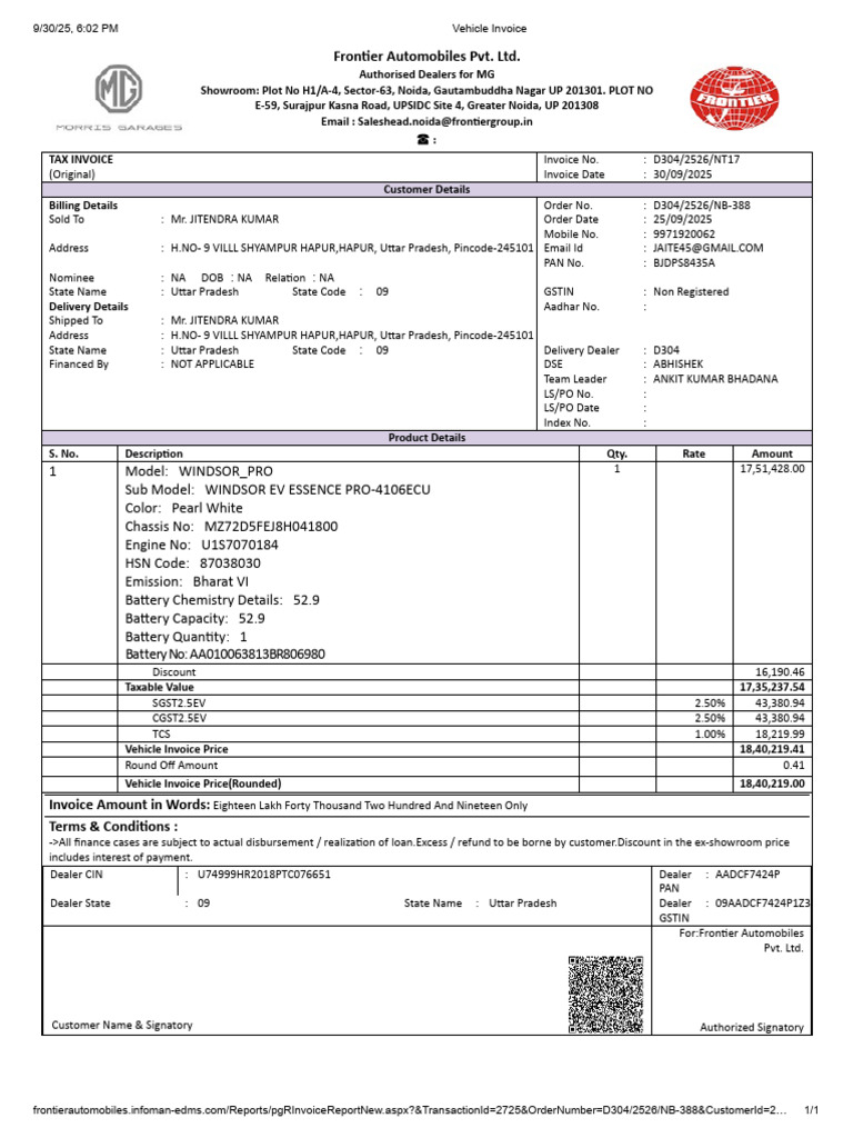 MG Windsor EV Invoice - Frontier Automobiles | PDF | Invoice