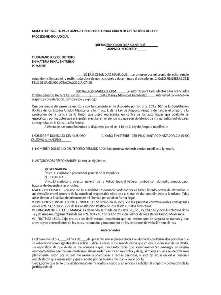 Amparo Indirecto contra Orden de Detención | PDF | Derecho ...