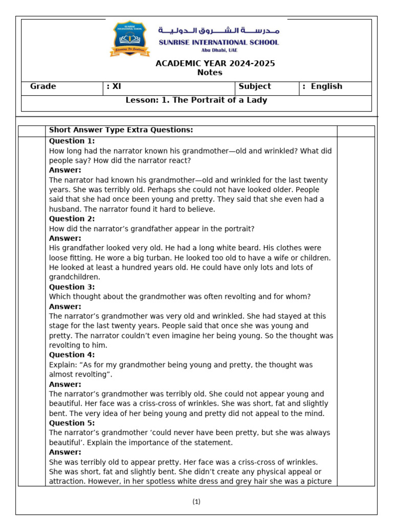 English XI: The Portrait of a Lady Questions | PDF | Grandparent