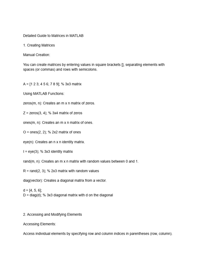 MATLAB Matrix Creation and Operations | PDF | Matrix (Mathematics ...