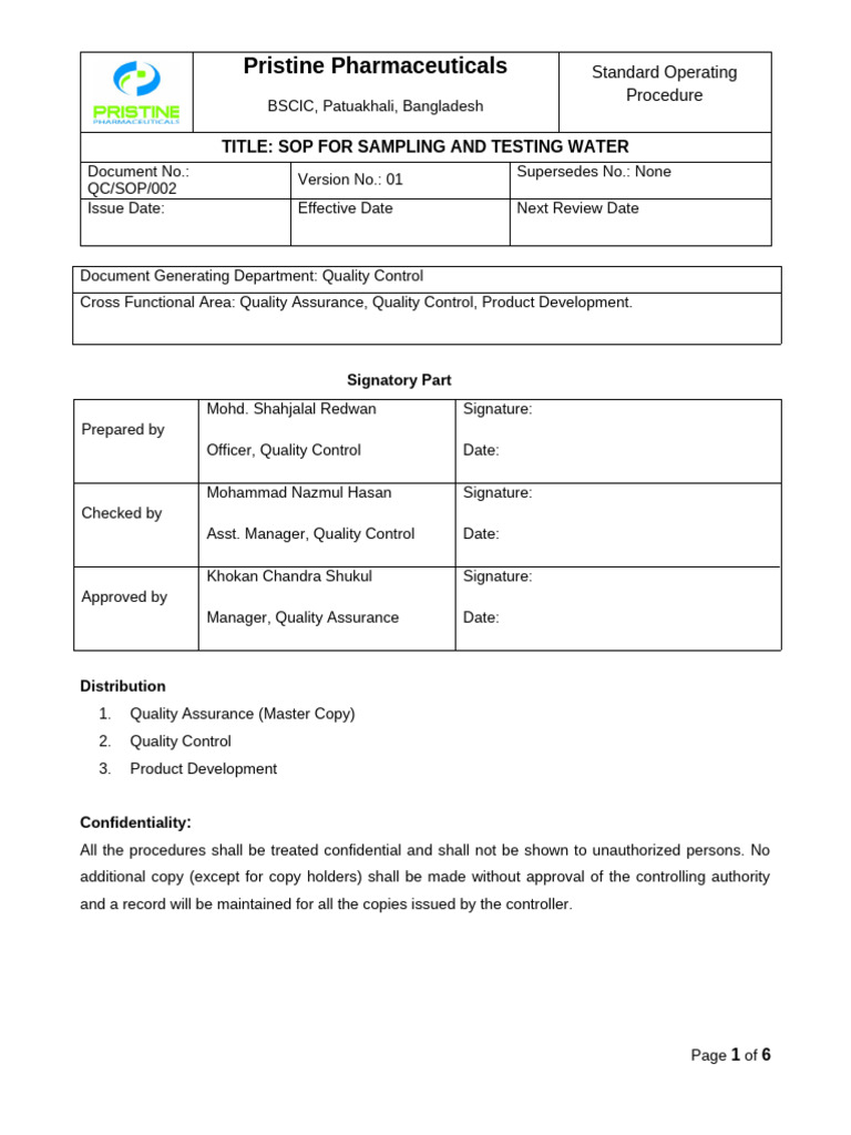 SOP for Water Sampling & Testing | PDF