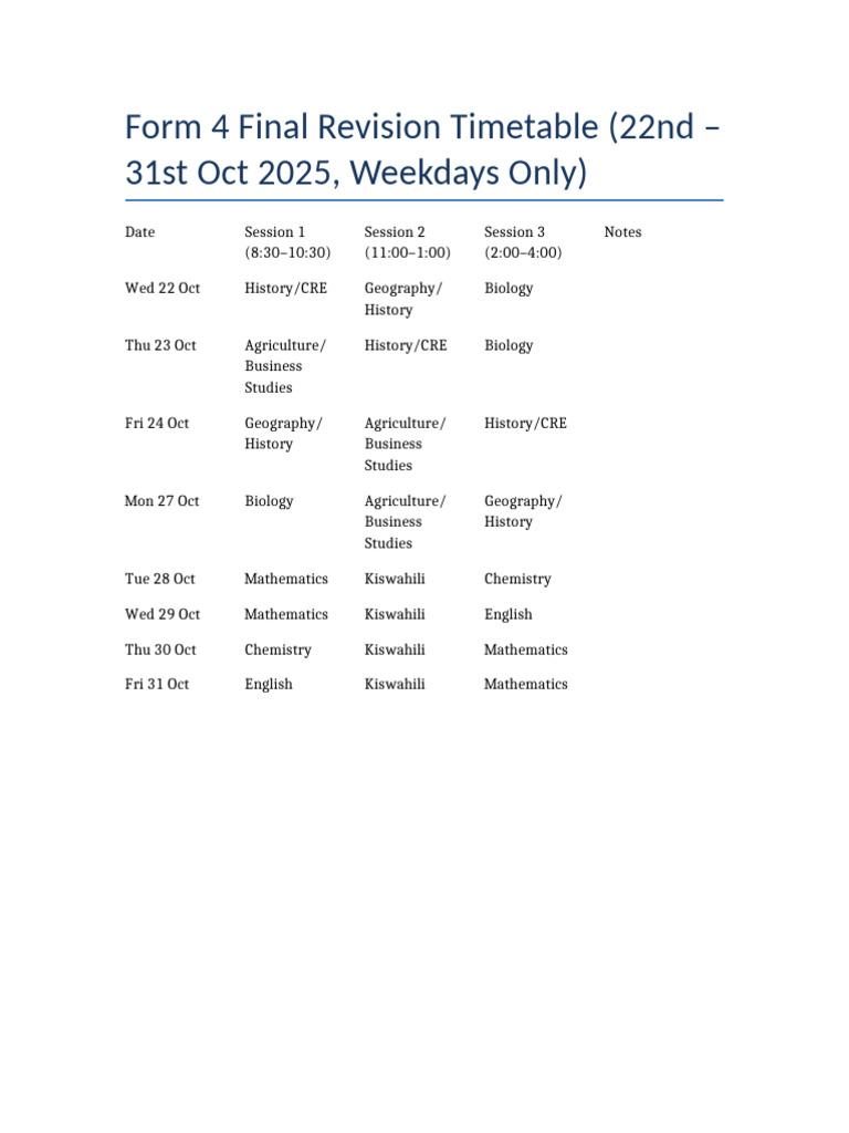 Form4 Final Revision Timetable Weekdays Oct2025 | PDF