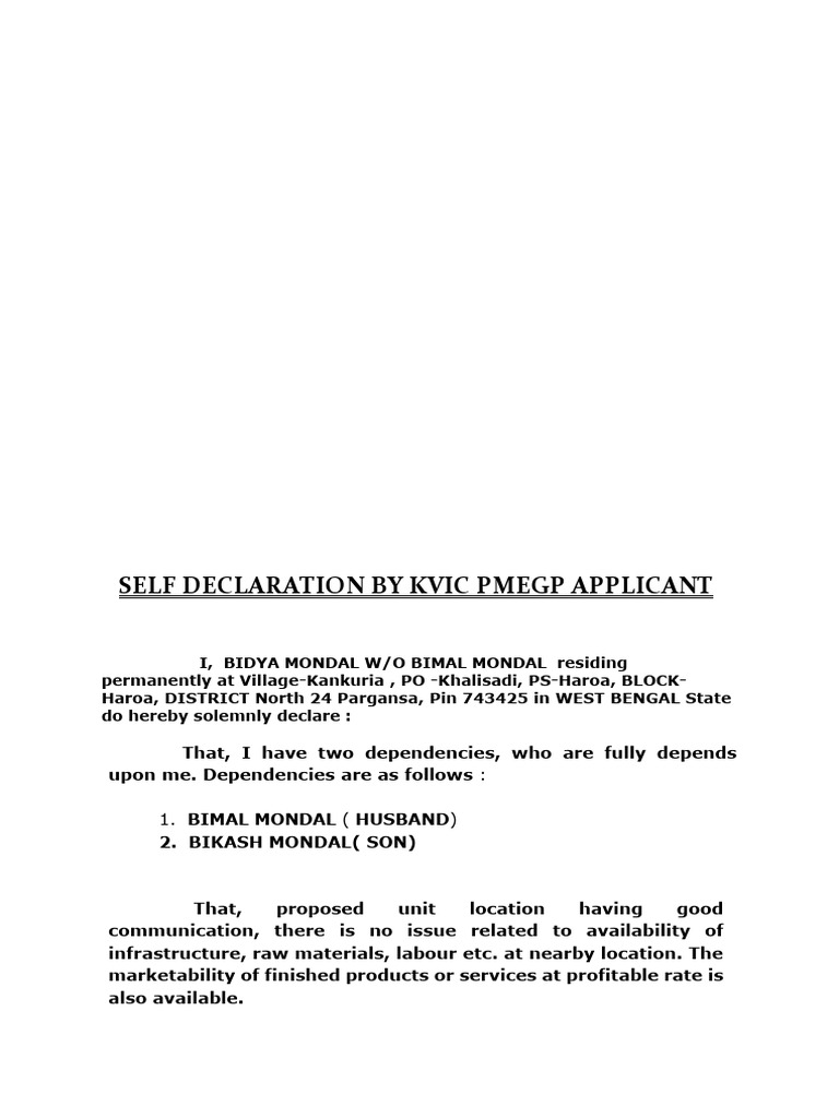 PMEGP Self Declaration Form | PDF
