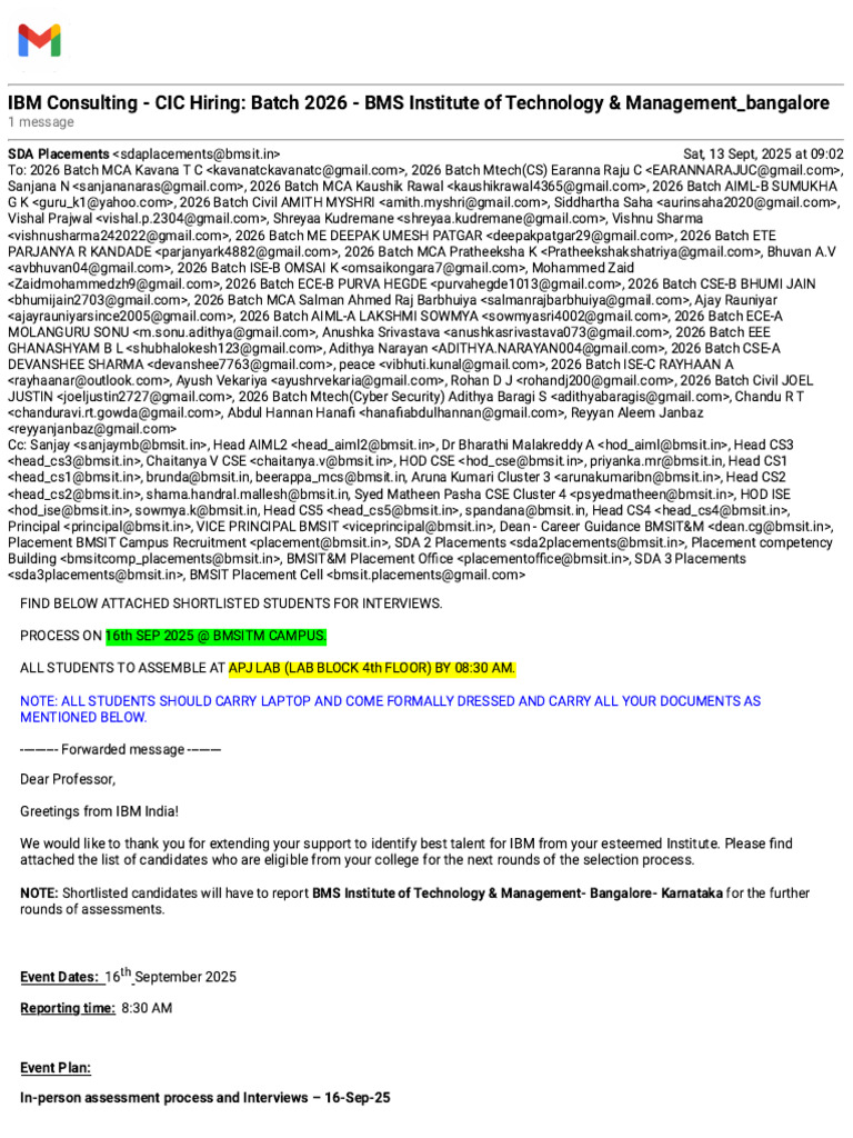 IBM Recruitment for BMSIT Batch 2026 | PDF | Computing