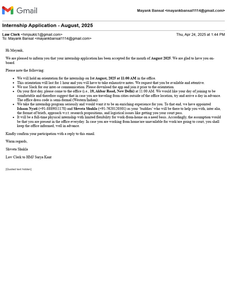 Internship Acceptance Confirmation - August 2025 | PDF