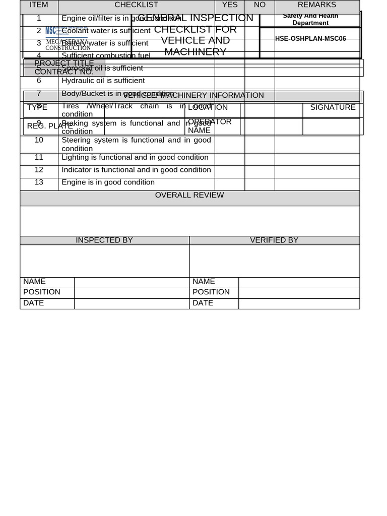 Machinery Inspection Checklist | PDF
