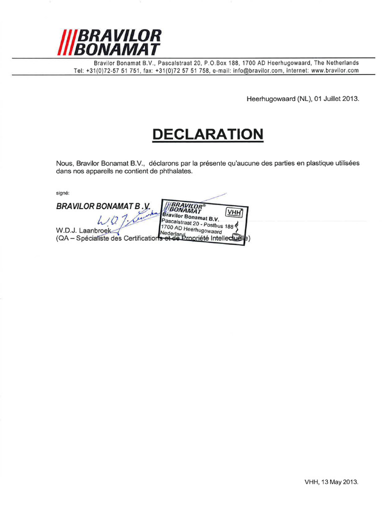 Déclaration sur l'absence de phthalates | PDF