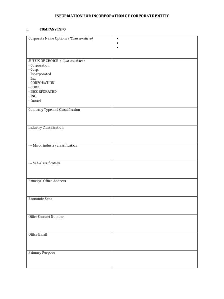 Information For Incorporation of Corporate Entity | PDF