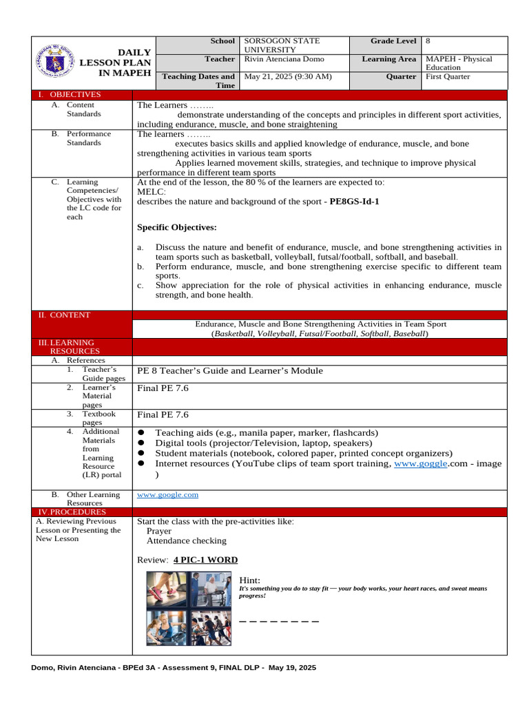 Grade 8 MAPEH Daily Lesson Plan | PDF | Physical Exercise