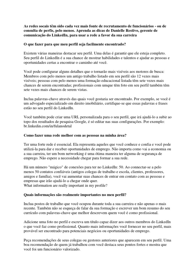 Dicas para Otimizar Seu Perfil no LinkedIn | PDF | LinkedIn | Rede social