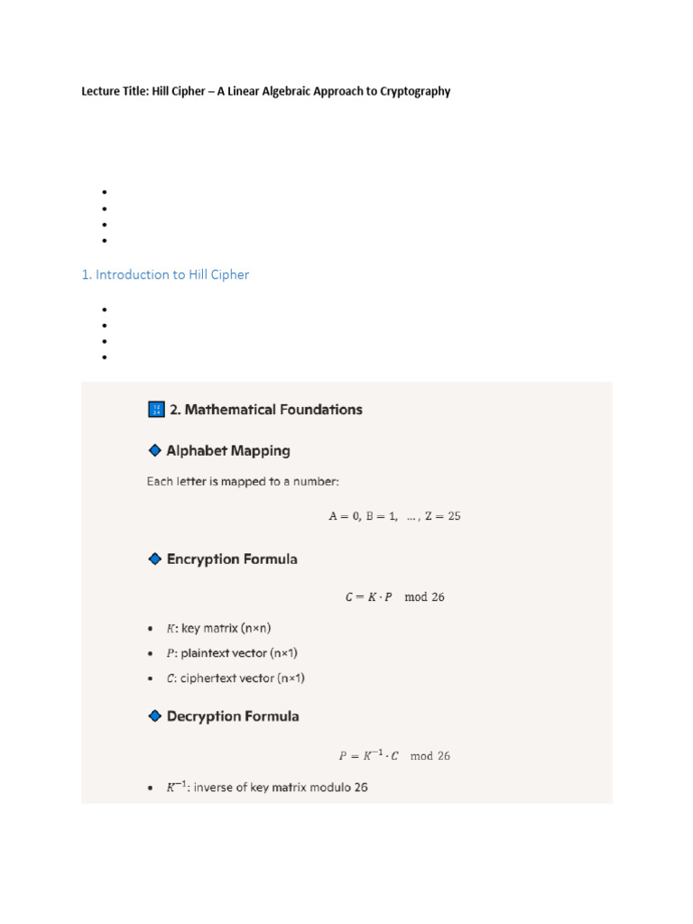 Hill Cipher: Matrix-Based Cryptography | PDF